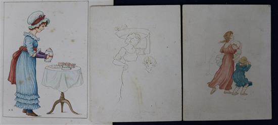 Kate Greenaway, two book illustrations of maids serving tea and two further sketches attributed to Kate Greenaway, watercolour Largest